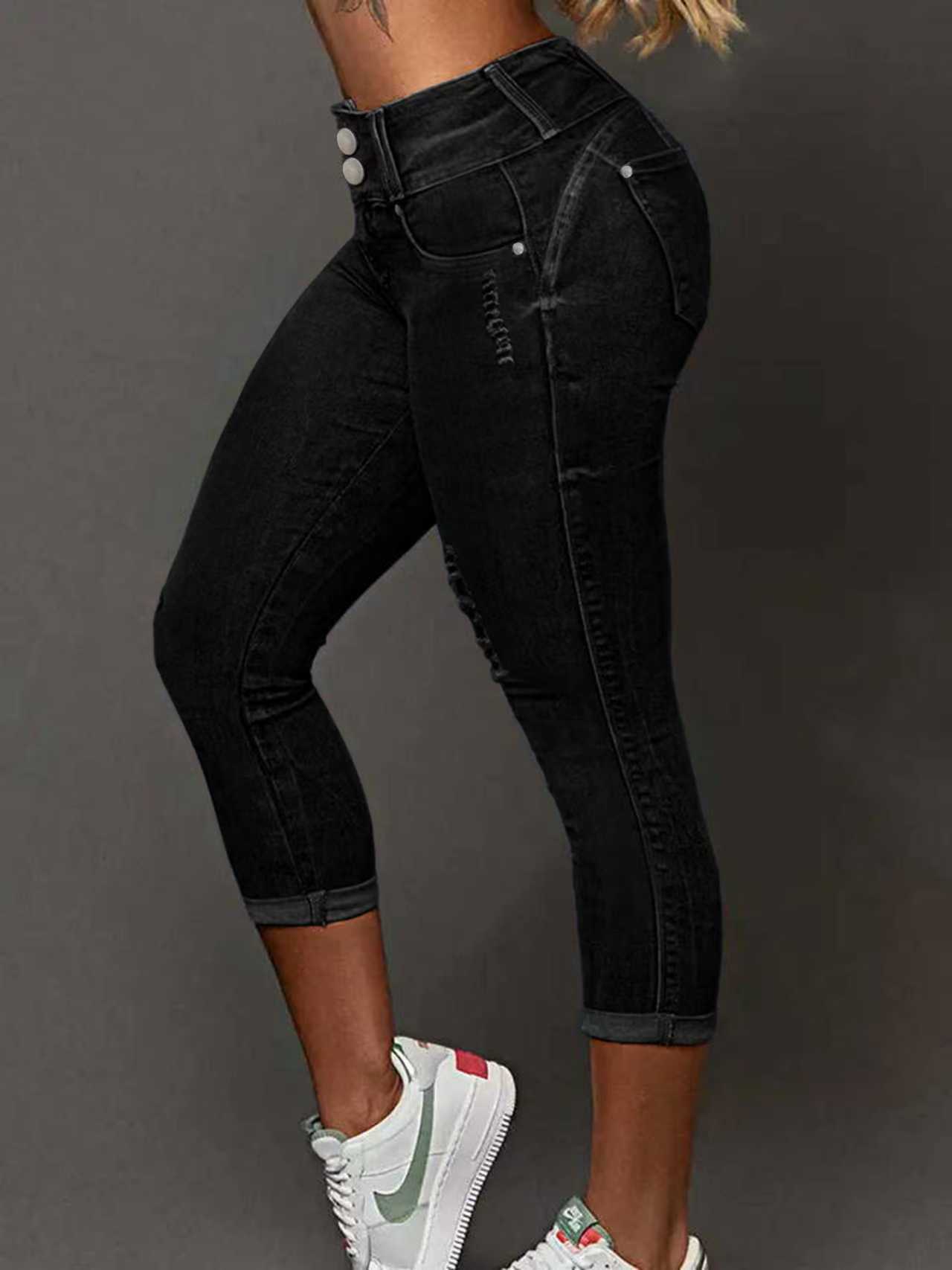 Womens Solid-Color High-Waist Bootcut Waist-Cinching Denim Jeans