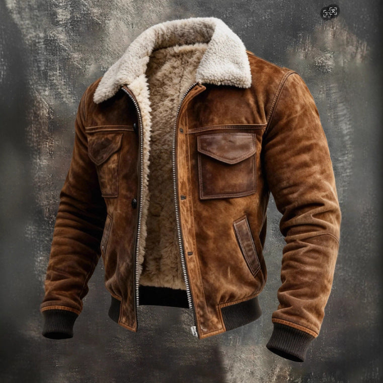 Mens Retro Multi-Pocket Fleece-Lined Versatile Outdoor Jacket