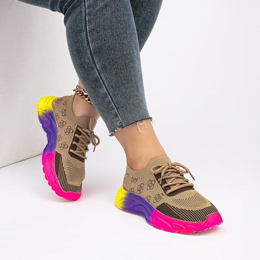 European And American-style Autumn Low-top Rainbow-soled Color-block Round-toe Flat Woven Athletic Shoes